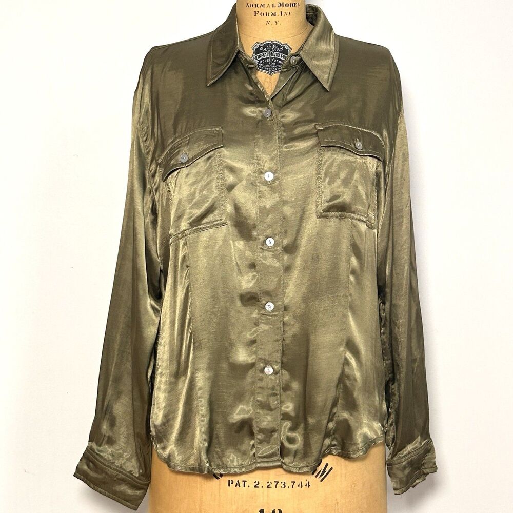 Chicos Gold Metallic Satin Button Down Blouse Size 2 Large Shimmer‎ Top